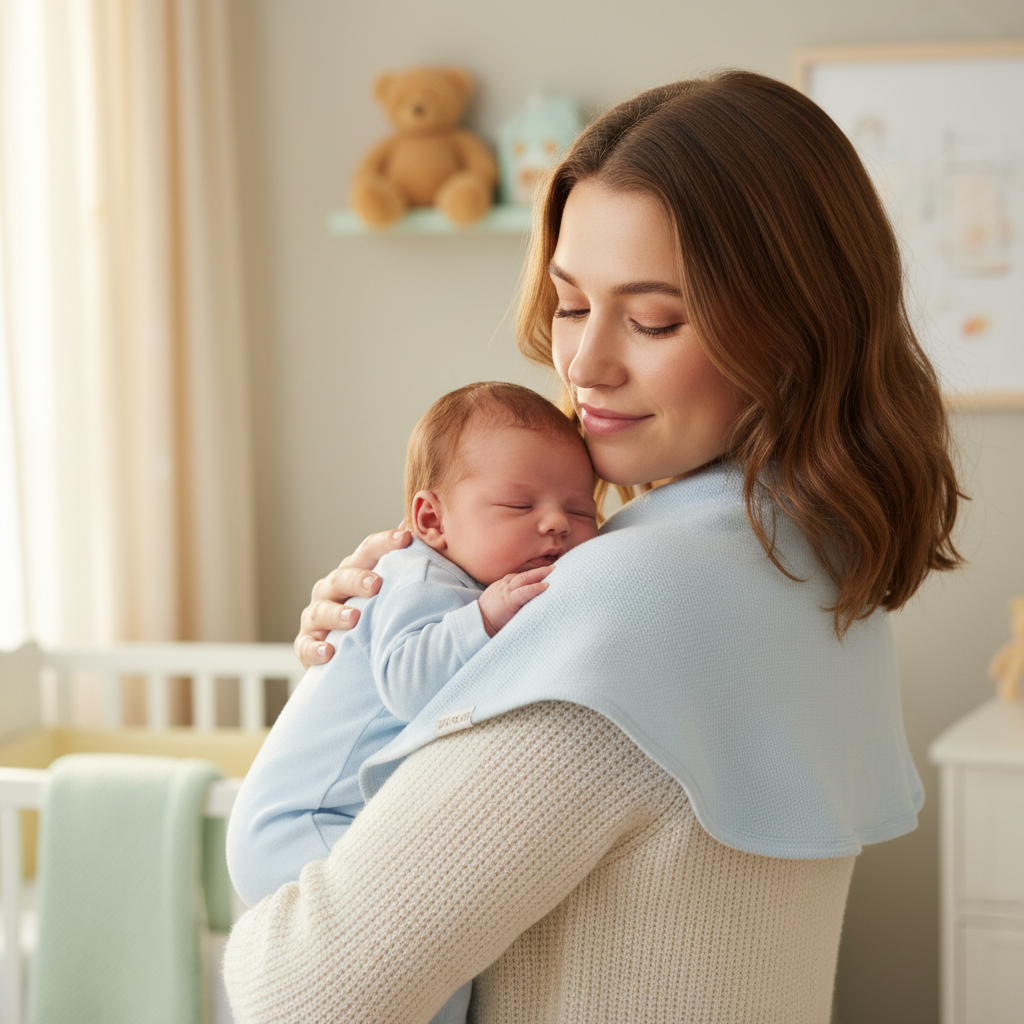 Mamma con baby sulla spalla con telospalla celeste