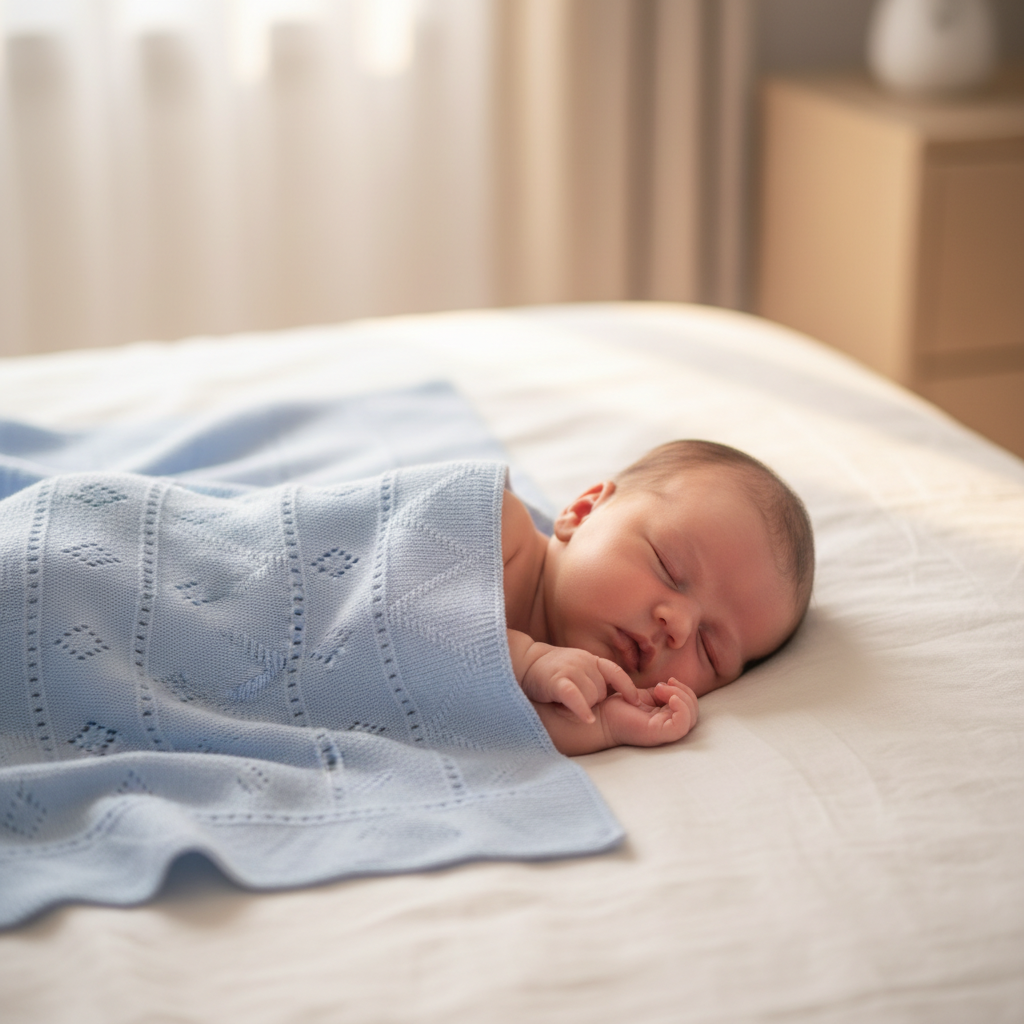 Neonato sul letto con copertina triangoli traforati celeste - Little Bird