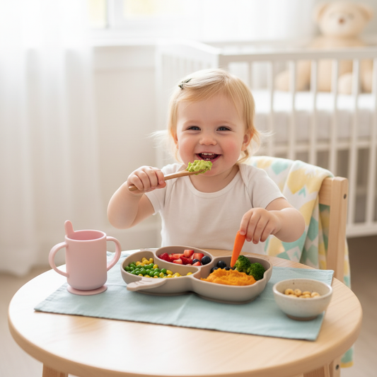 Bambino che mangia dal piatto elefante beige