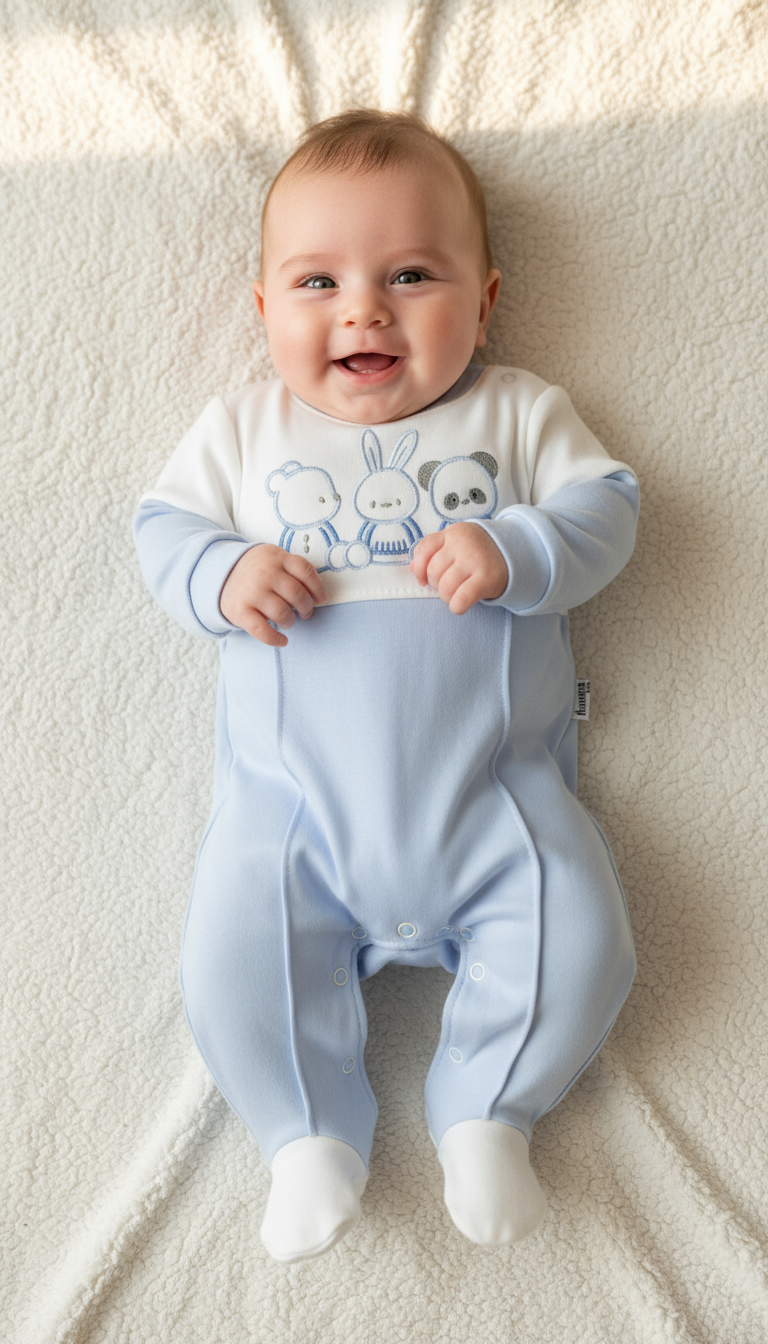 Tutina Neonato con Piedini Azzurra - Orsetto Coniglietto e Panda - Cappellino