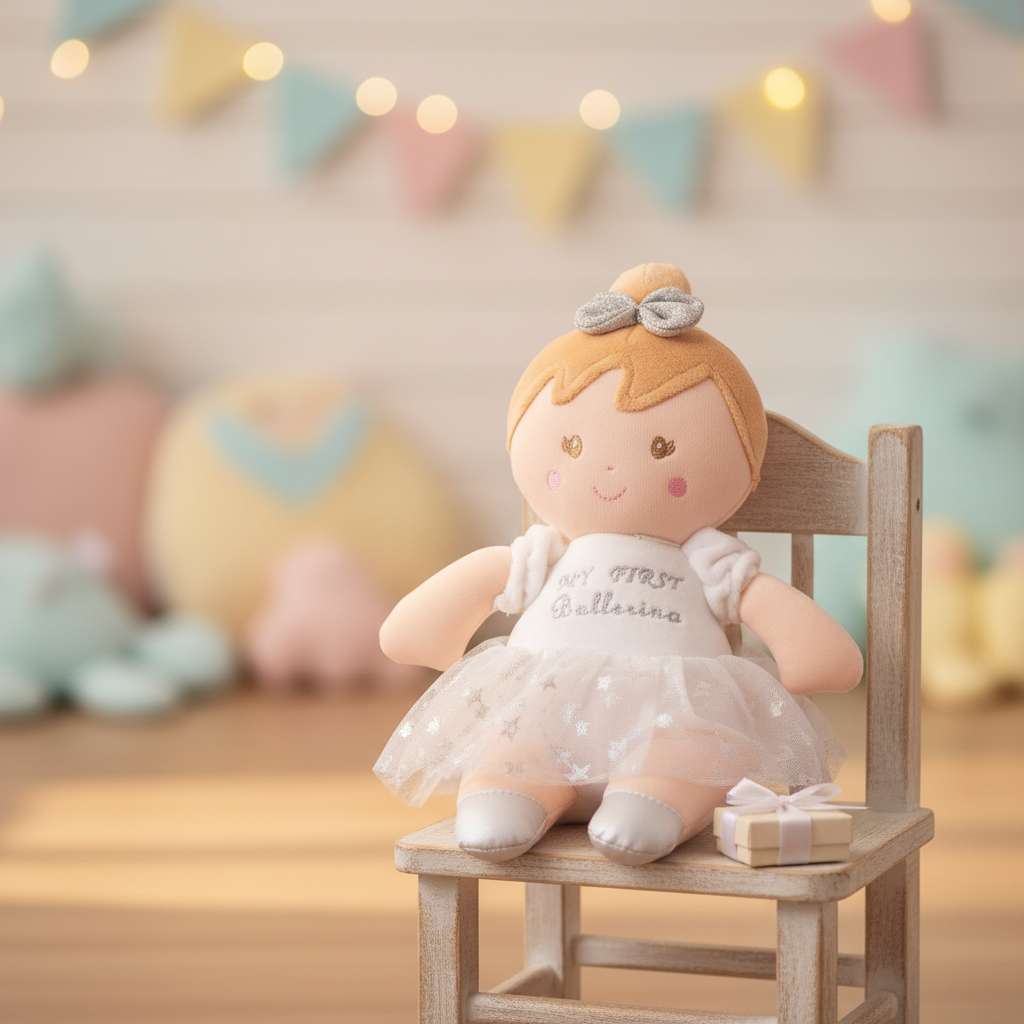 Bambola Bianca Ballerina su sedia con regalo