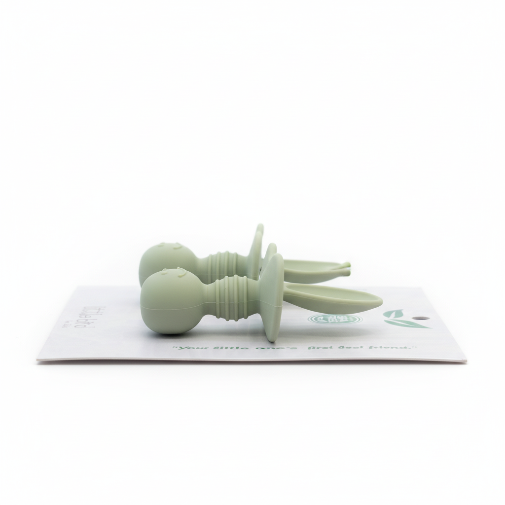 Set posate svezzamento verdi prospettiva laterale con packaging Little Bird