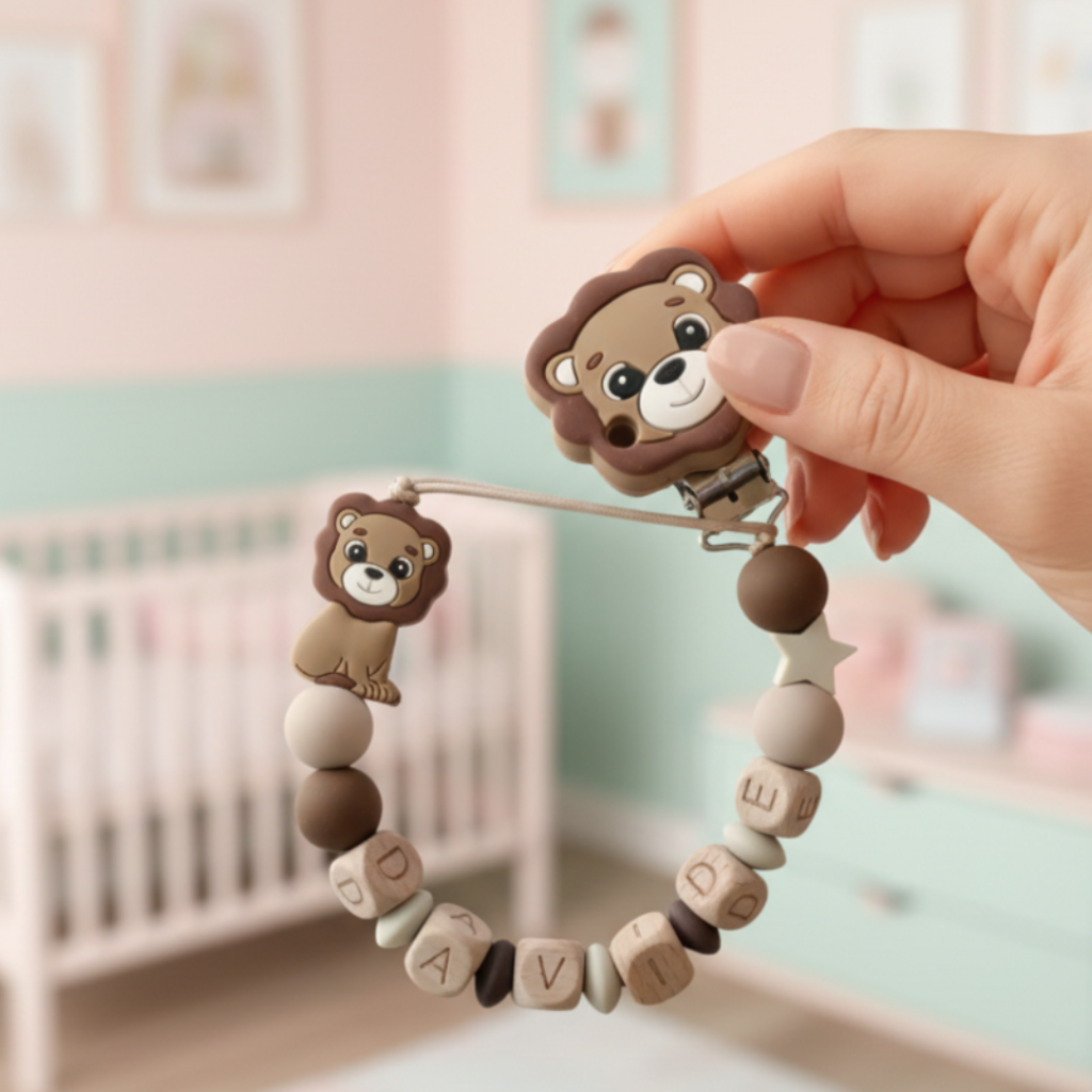 Portaciuccio Leoncino lifestyle - mano con asola, sfondo nursery