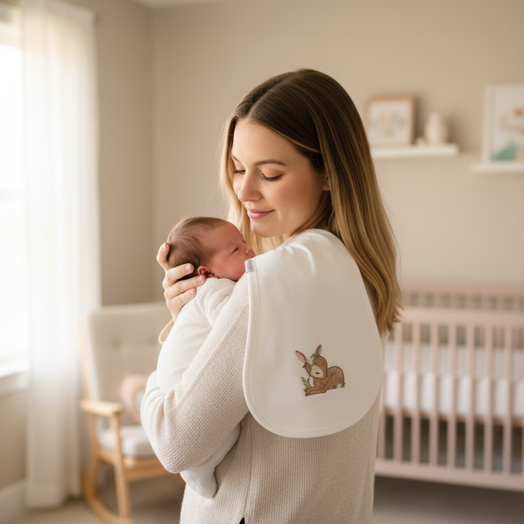 Telospalla bianco con ricamo Bambi lifestyle mamma con neonato