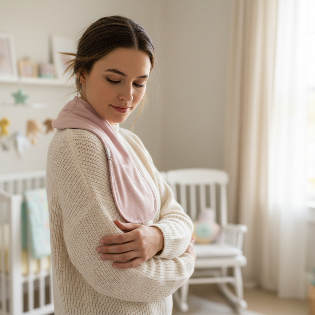 Mamma con telospalla rosa antico sulla spalla