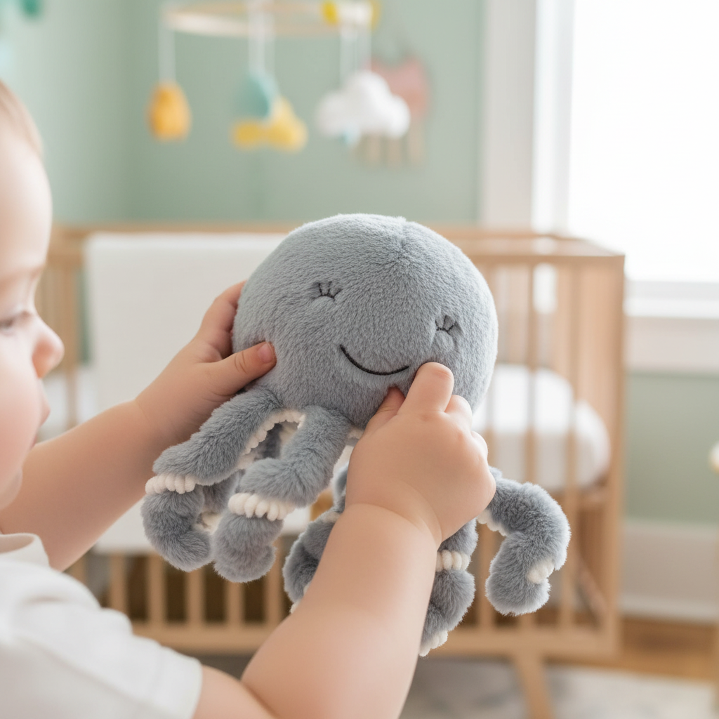 Manine di bimbo che tengono il peluche polipo