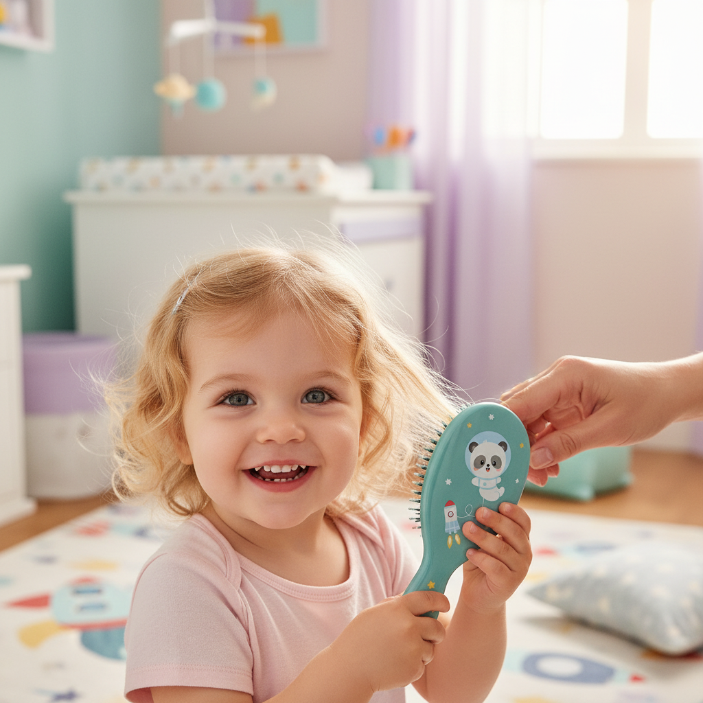 Spazzola Pandas in Space Tutete lifestyle - bambino piccolo che si spazzola i capelli con spazzola verde acqua panda spazio