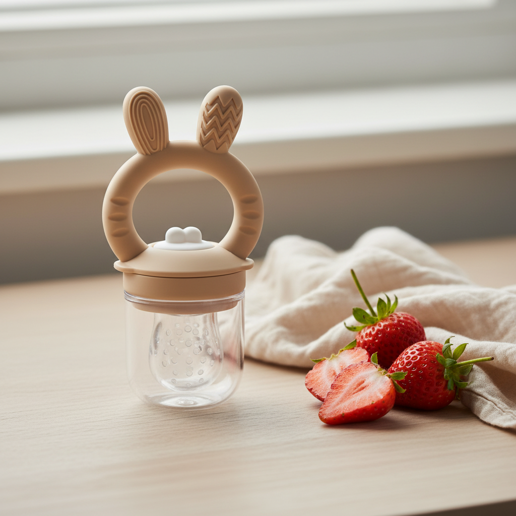 Ciuccio Frutta Coniglietto Beige lifestyle fragole