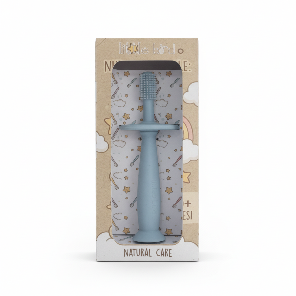 Spazzolino in Silicone Dusty Blue con packaging