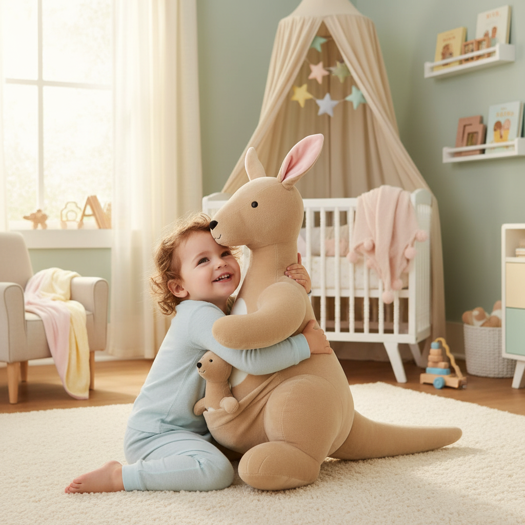 Bambino che abbraccia il peluche canguro XL