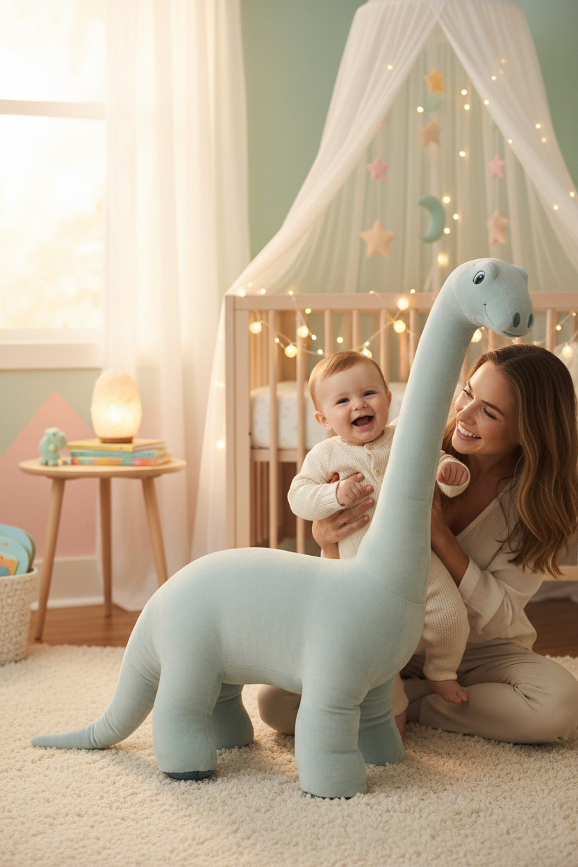 Mamma con bimbo e Dinosauro Maxi in cameretta
