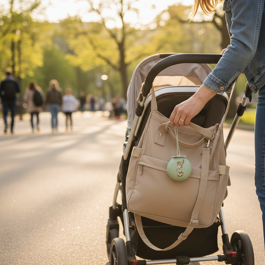 Portaciuccio Peter Pan verde appeso alla borsa durante passeggiata
