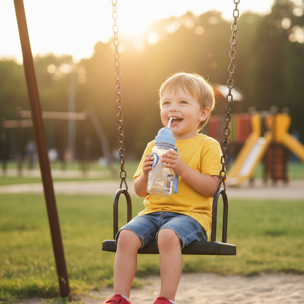 Borraccia Planet Tutete lifestyle - bambino che beve dalla borraccia al parco