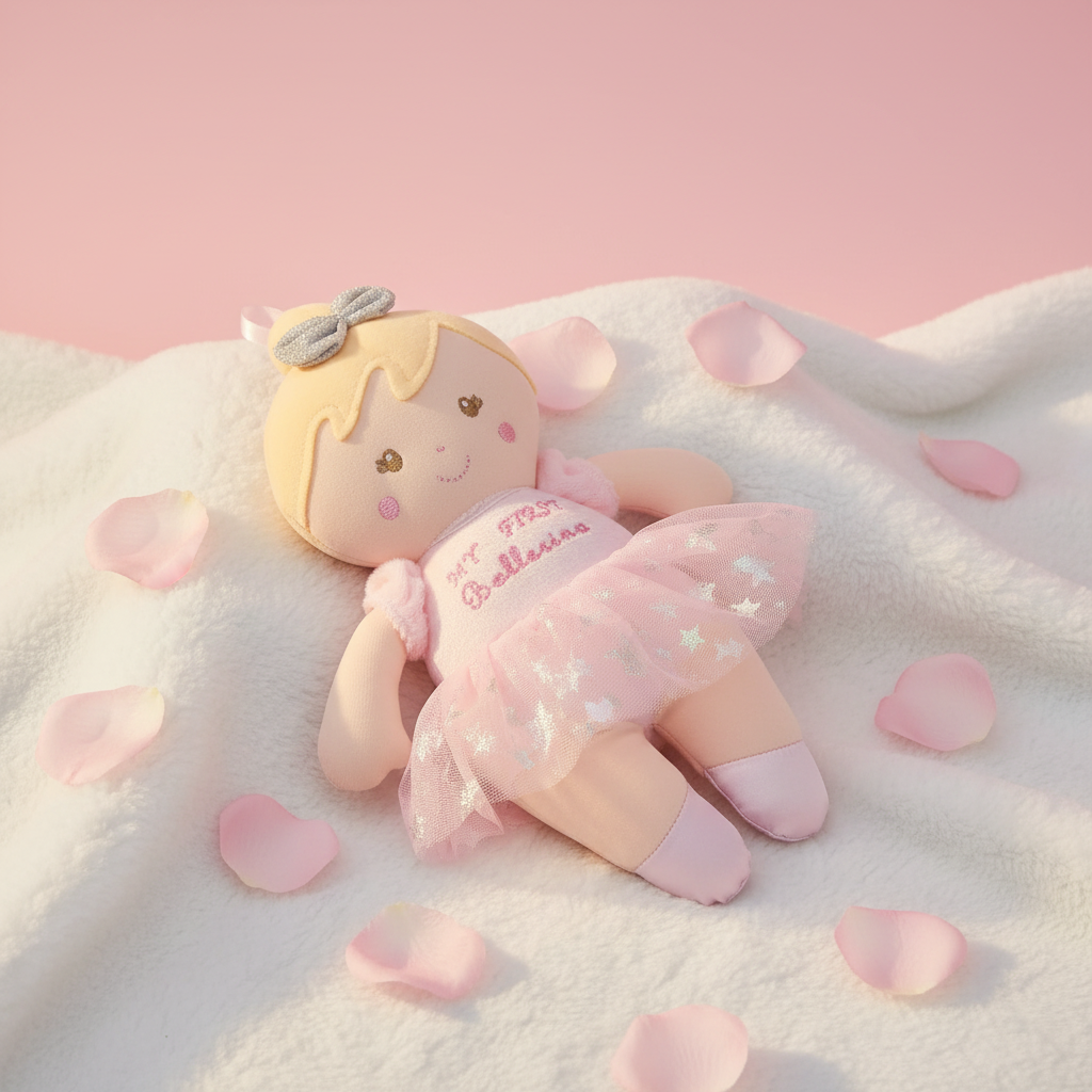 Bambola Ballerina su copertina morbida con petali rosa