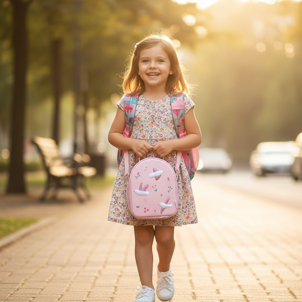 Borsa Termica 3D Blossom Birds lifestyle - bambina che cammina verso scuola