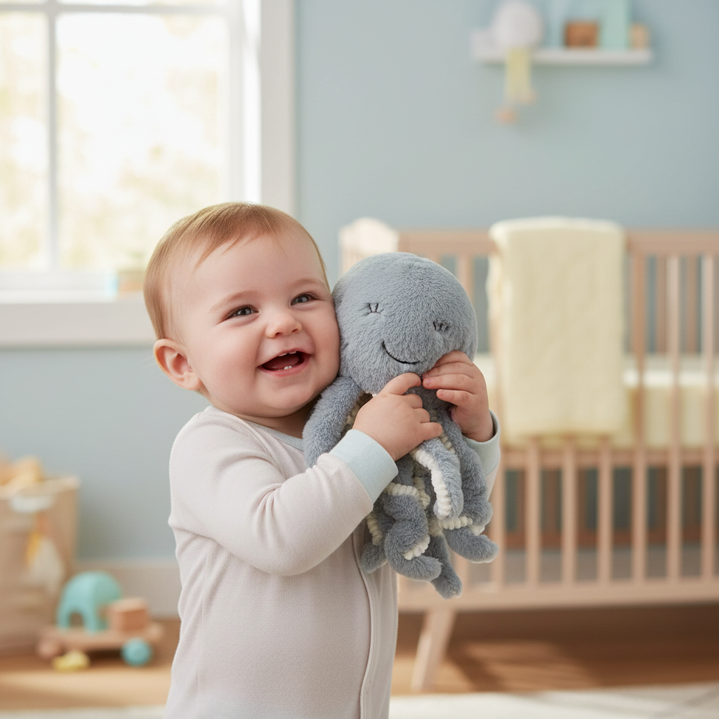 Bambino che abbraccia il peluche polipo in cameretta