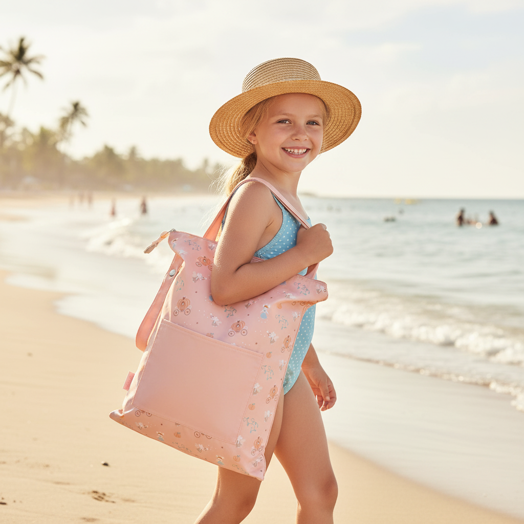 Borsa Impermeabile Grande Mouse Fairies Tutete lifestyle - mamma o bambina in piscina o spiaggia con borsa impermeabile rosa cipria topolina Cenerentola