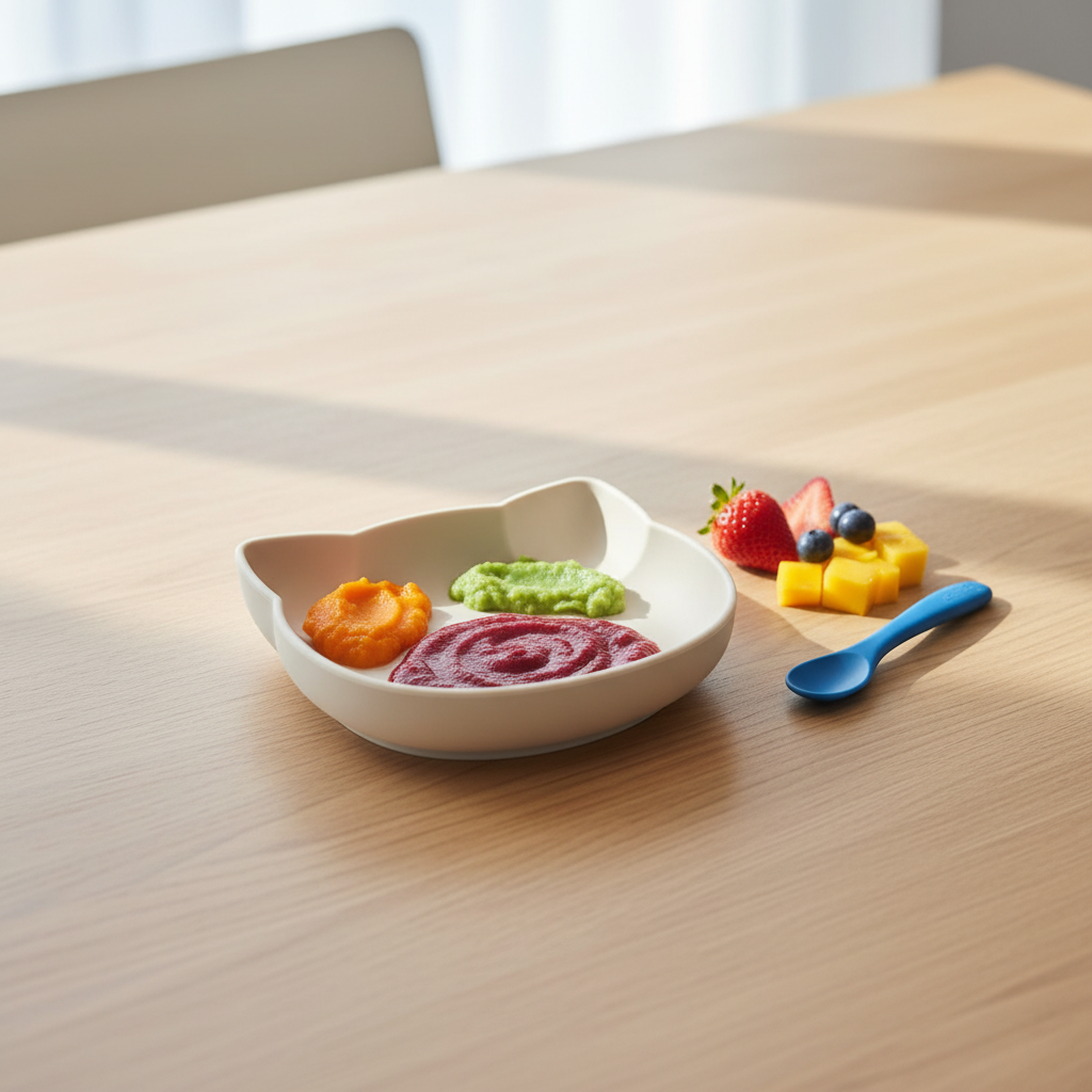 Piatto gattino beige su tavolo con cibo per bambini