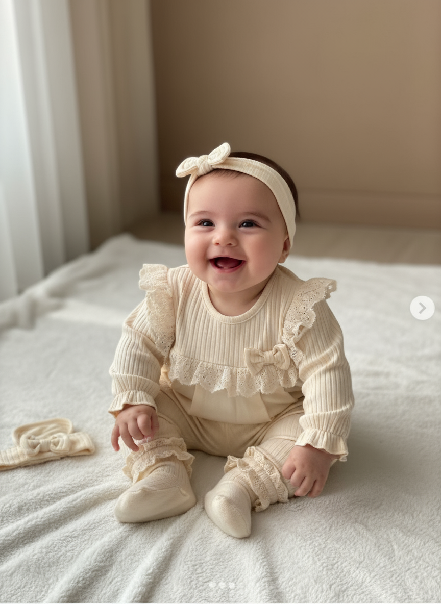 Set Completo Neonata Panna - Vestitino con Volant + Pantaloncini + Fascia + Calzini