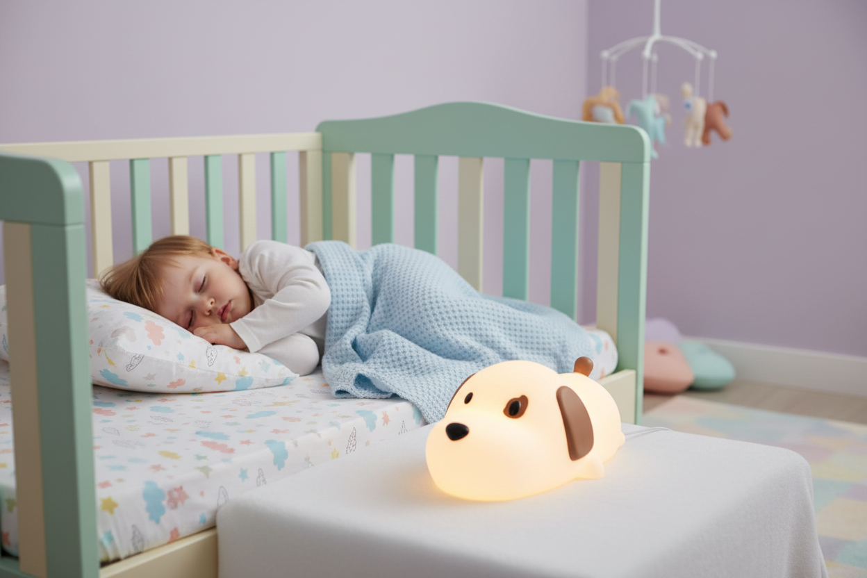 Luce Cagnolino accanto a bimbo che dorme