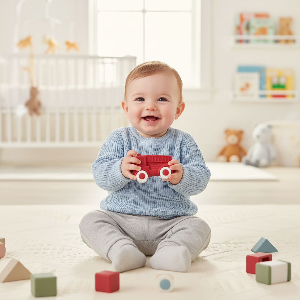 Bambino che gioca con camion pompieri in silicone