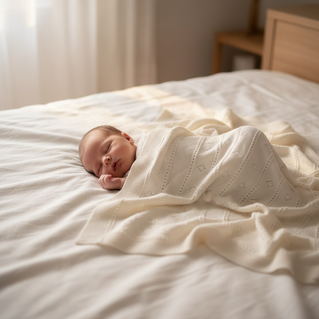 Neonato sul letto con copertina triangoli traforati avorio - Little Bird
