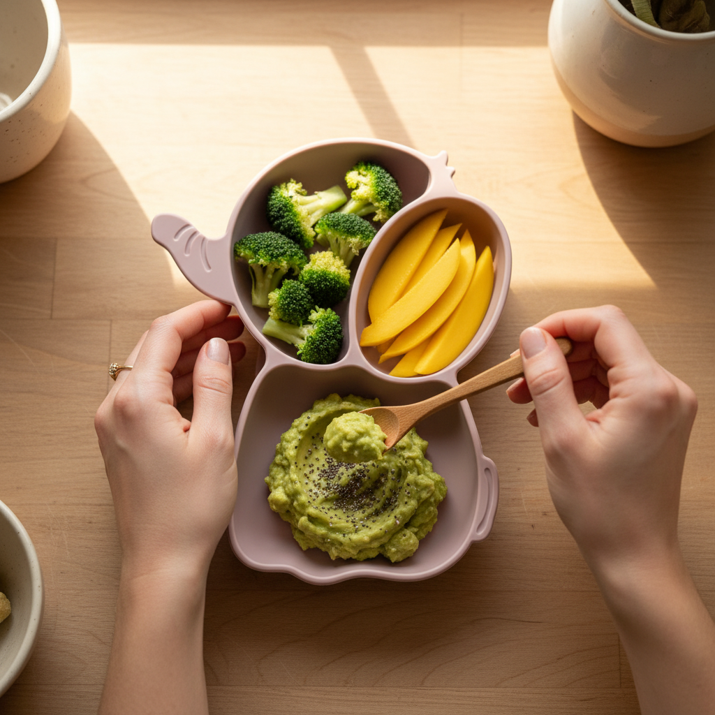 Mamma che prepara il pasto nel piatto elefante