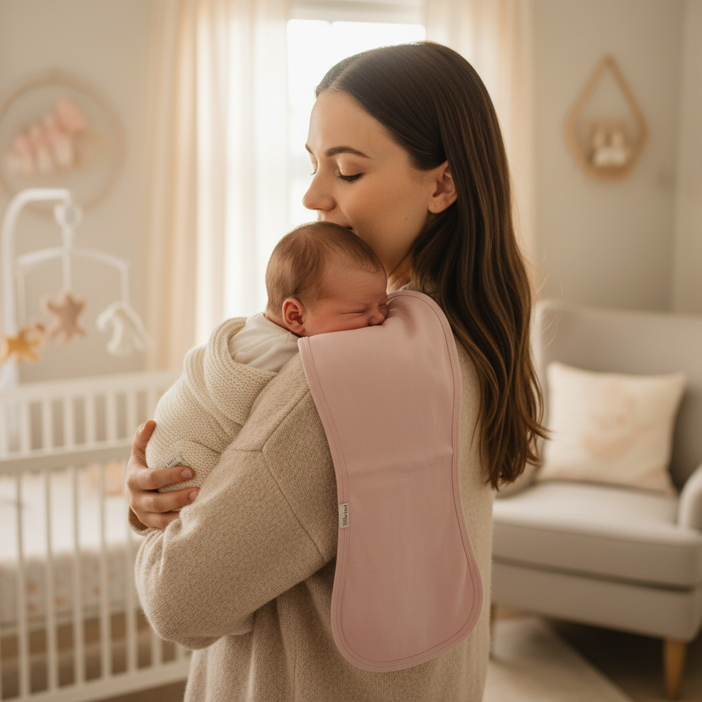 Mamma con baby sulla spalla con telospalla rosa antico