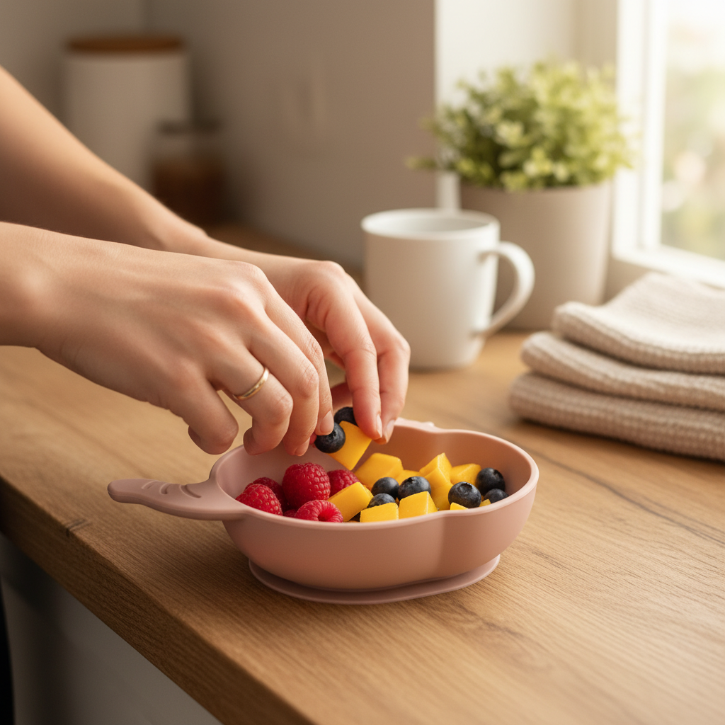 Mamma che prepara snack nella ciotola elefante rose pink