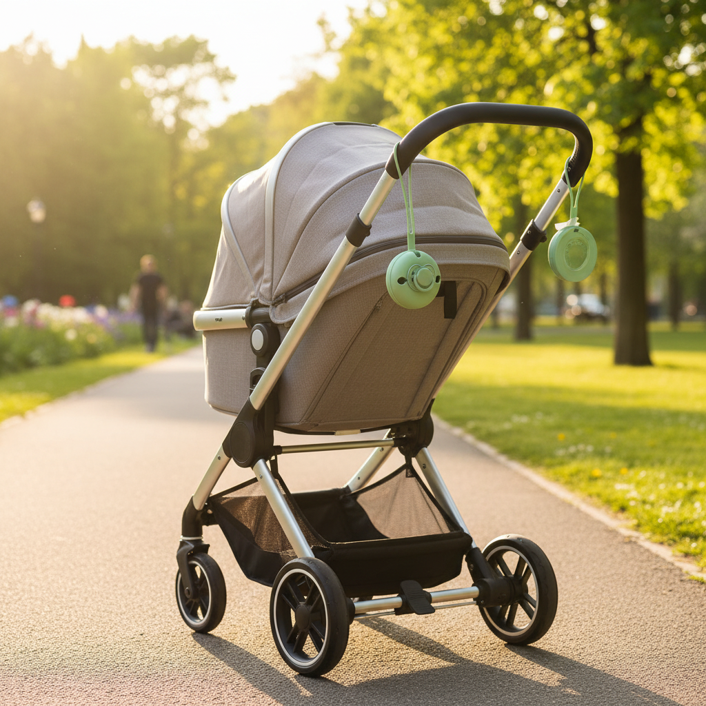 Portaciuccio verde menta in uso durante passeggiata al parco