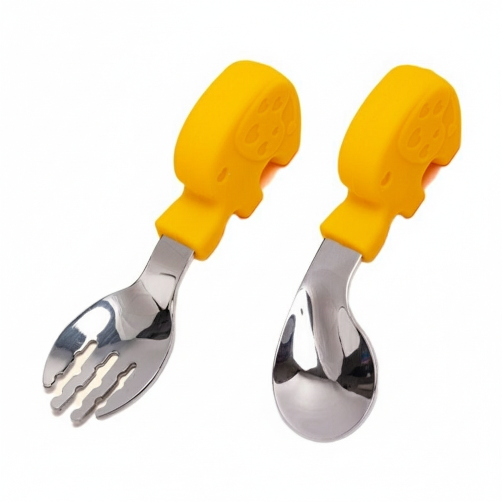Set Posate Elefantino Giallo per Bambini - Forchetta e Cucchiaio in Acciaio Inox BPA Free