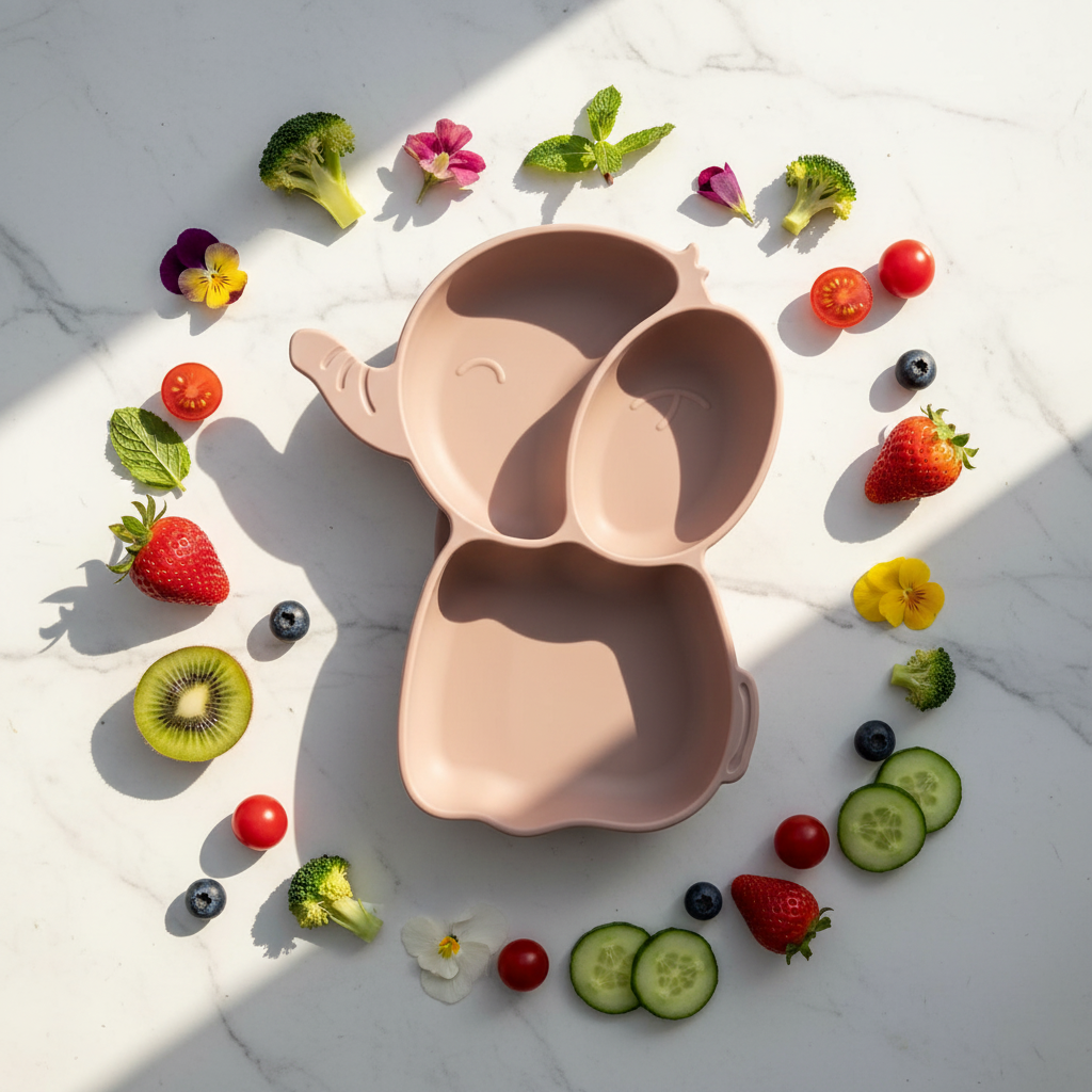 Flat lay piatto elefante con frutta e verdura fresca