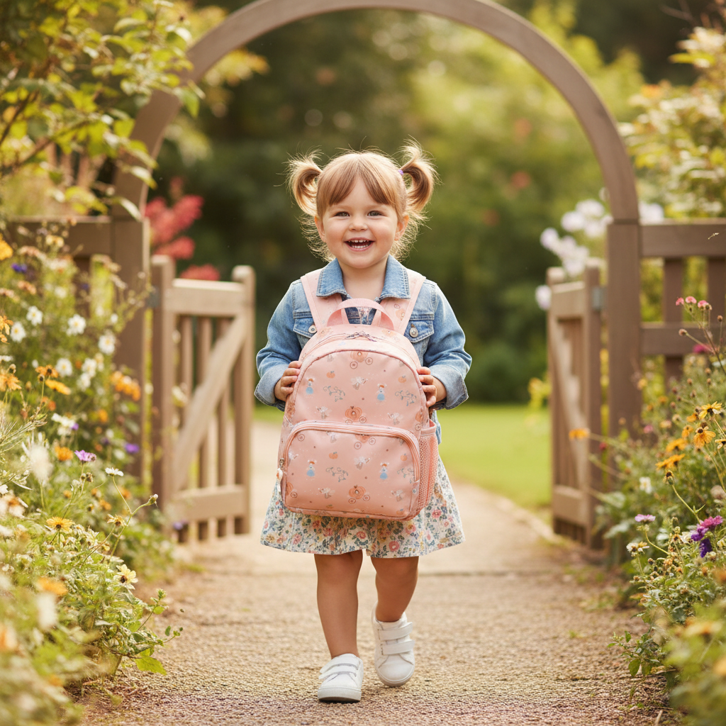 Zainetto Mouse Fairies Tutete lifestyle - bambina all'asilo con zainetto rosa cipria Cenerentola topolini
