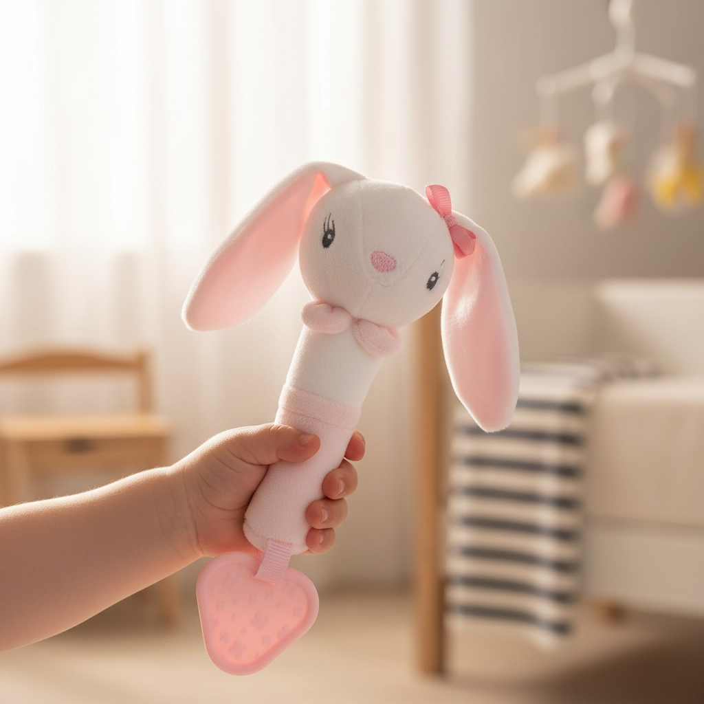 Sonaglino Coniglietto Rosa - lifestyle manina