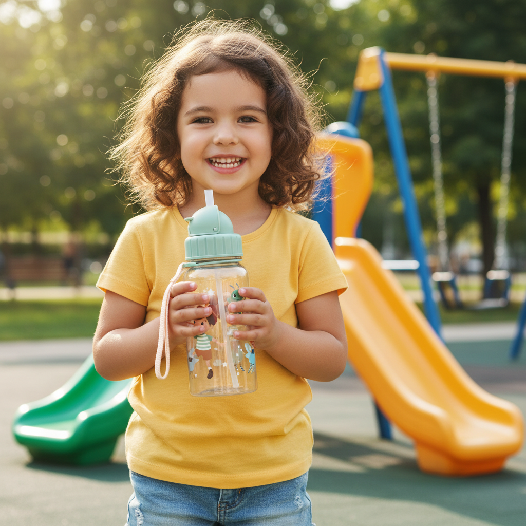 Borraccia Wooden Boy Tutete lifestyle - bambina al parco con borraccia trasparente Pinocchio
