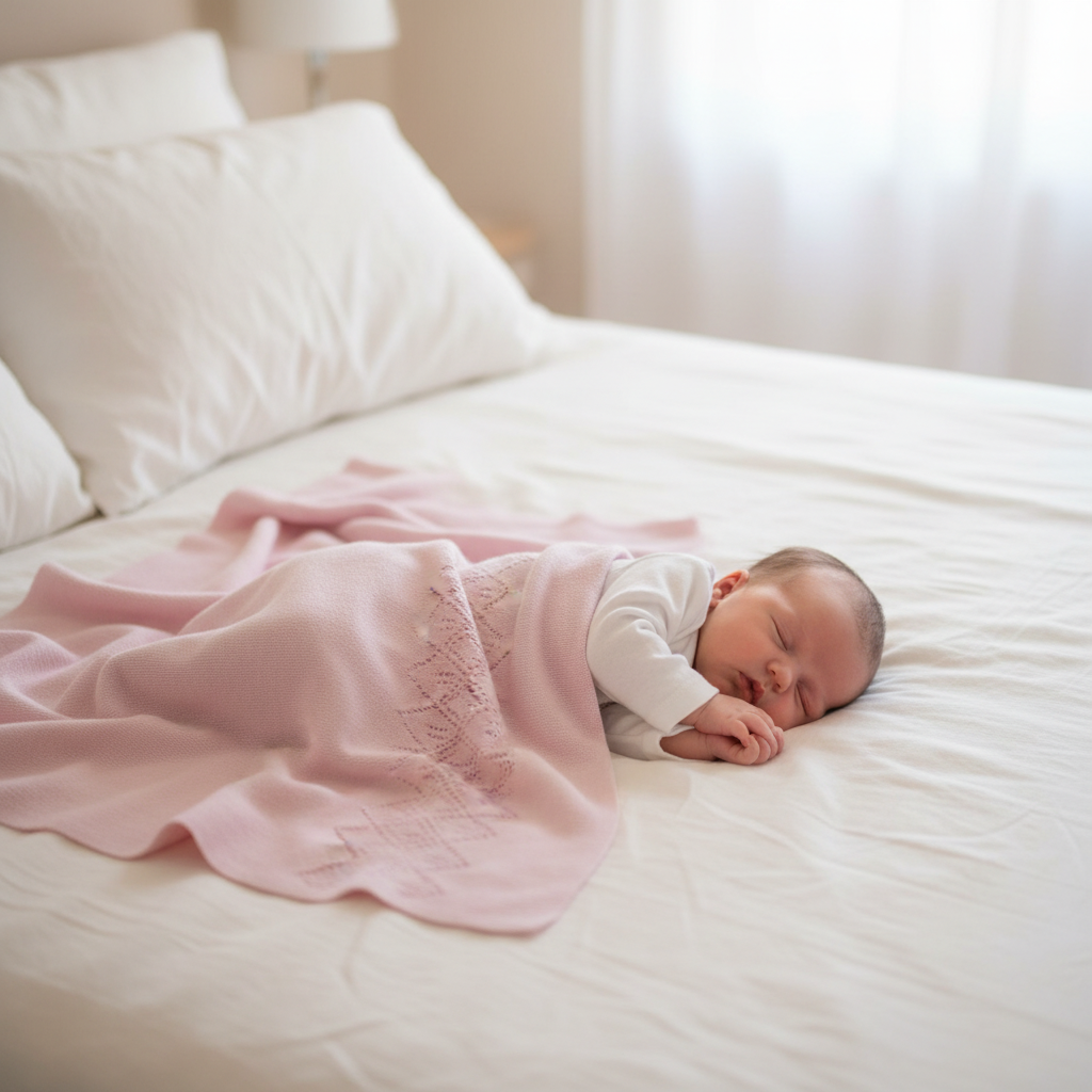 Neonata sul letto con copertina traforata geometrica rosa - Little Bird