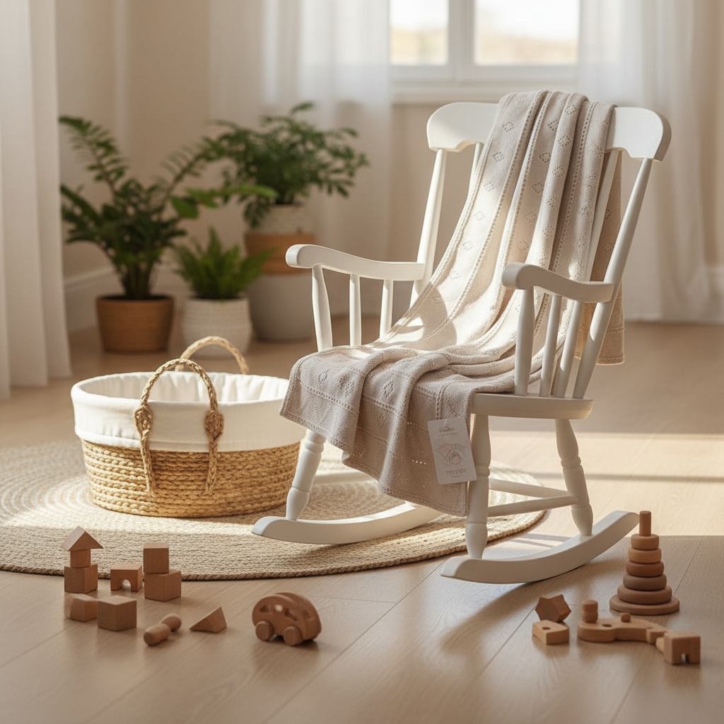 Copertina triangoli traforati beige sulla sedia a dondolo - Little Bird