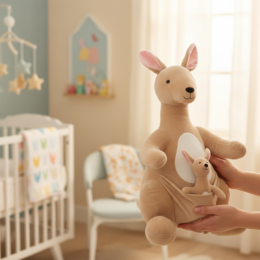 Mani che tengono il peluche canguro XL in cameretta