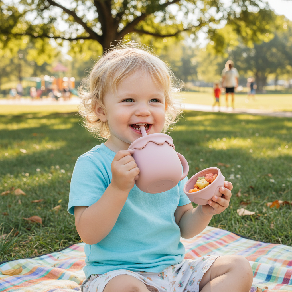 Bambino outdoor con bicchiere e snack