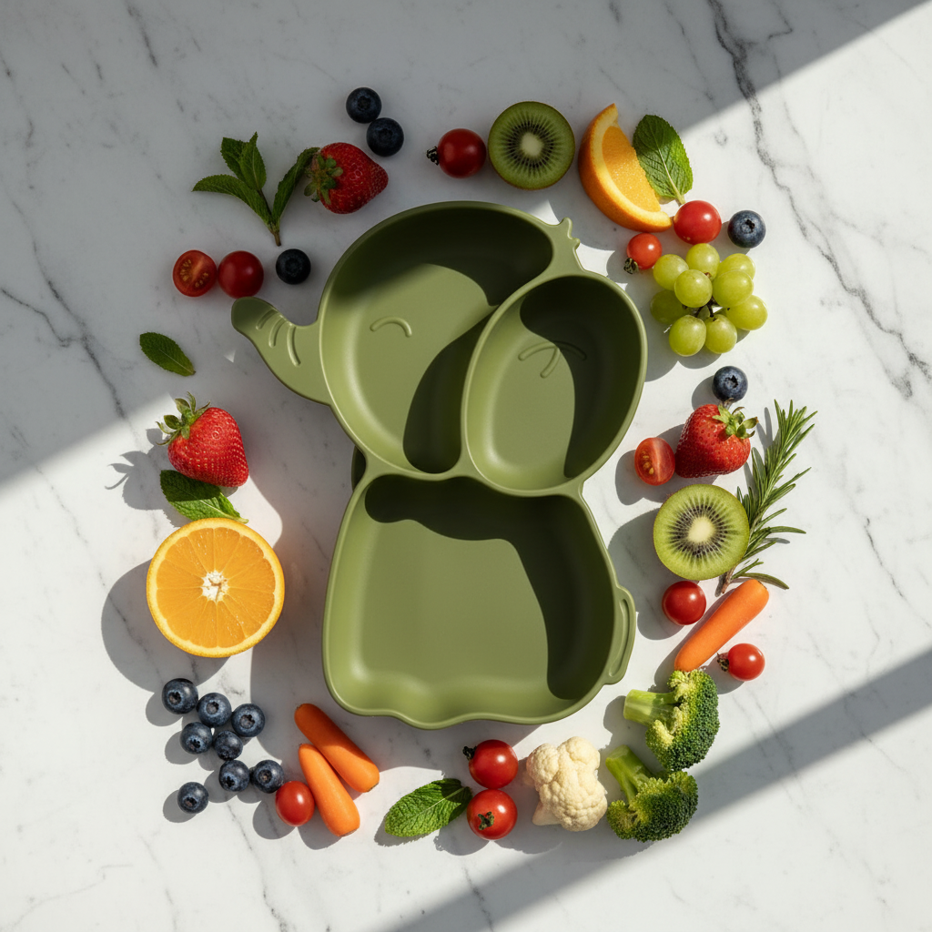 Flat lay piatto elefante olive con frutta e verdura fresca