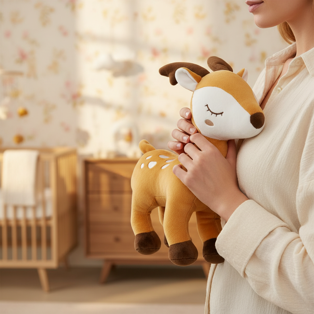 Peluche cerbiatto lifestyle mani in cameretta