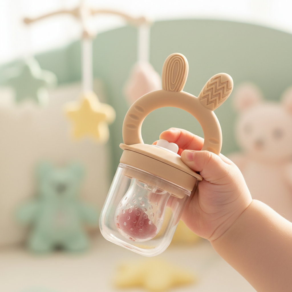 Ciuccio Frutta Coniglietto Beige lifestyle mano bambino