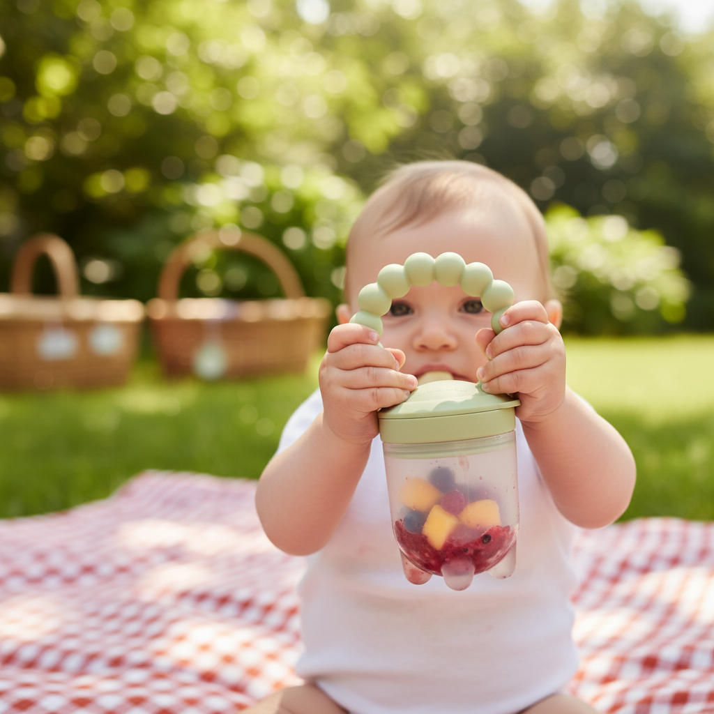 Dettaglio mani bambino con ciuccio frutta verde outdoor