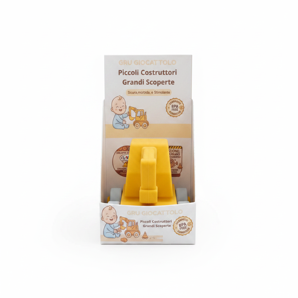 Gru giocattolo con packaging sfondo bianco