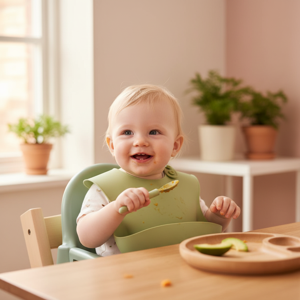Bambino che indossa bavetta verde - foto lifestyle