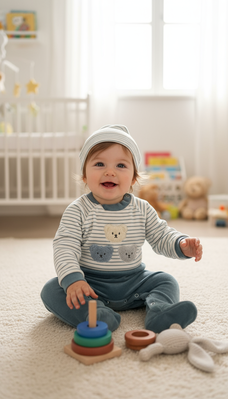 Tutina Neonato con Piedini Blu Petrolio a Righe - Tre Orsetti