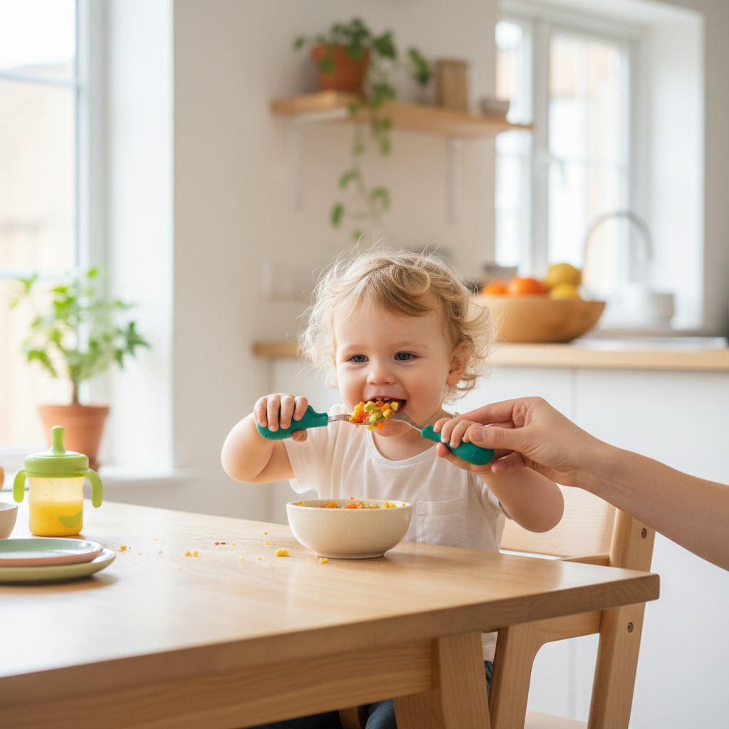 Bambino a tavola con genitore usando posate giraffa