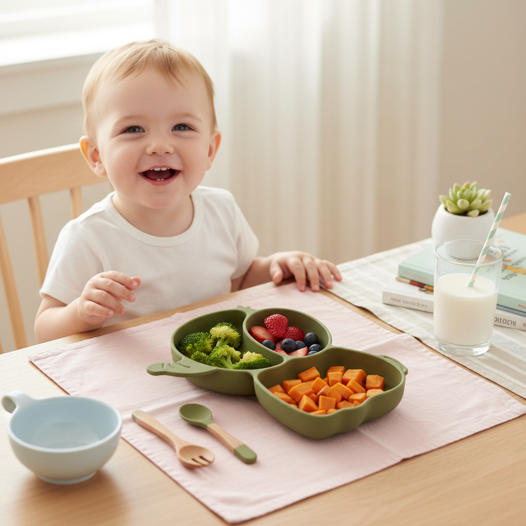 Bambino che mangia dal piatto elefante olive