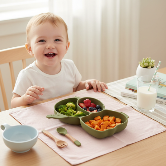 Bambino che mangia dal piatto elefante olive