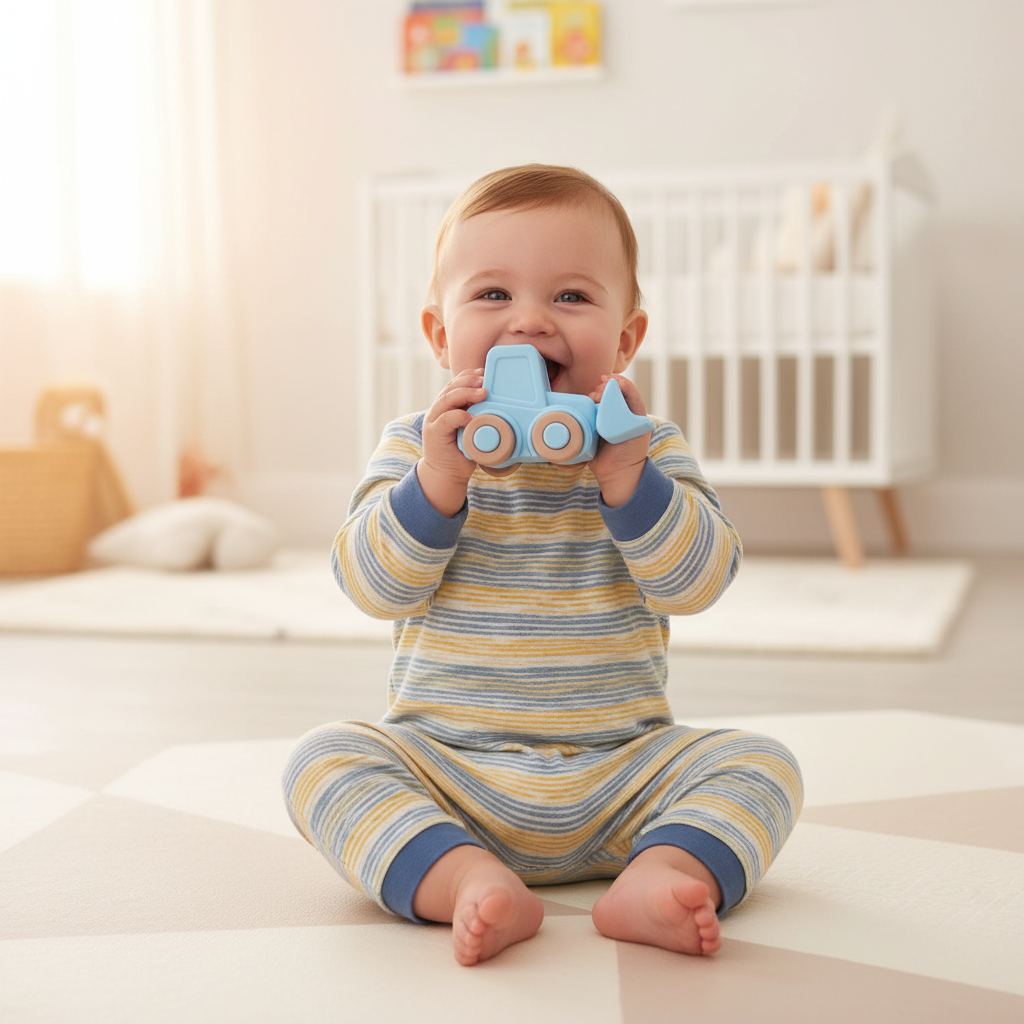 Bambino che gioca con bob cat in silicone